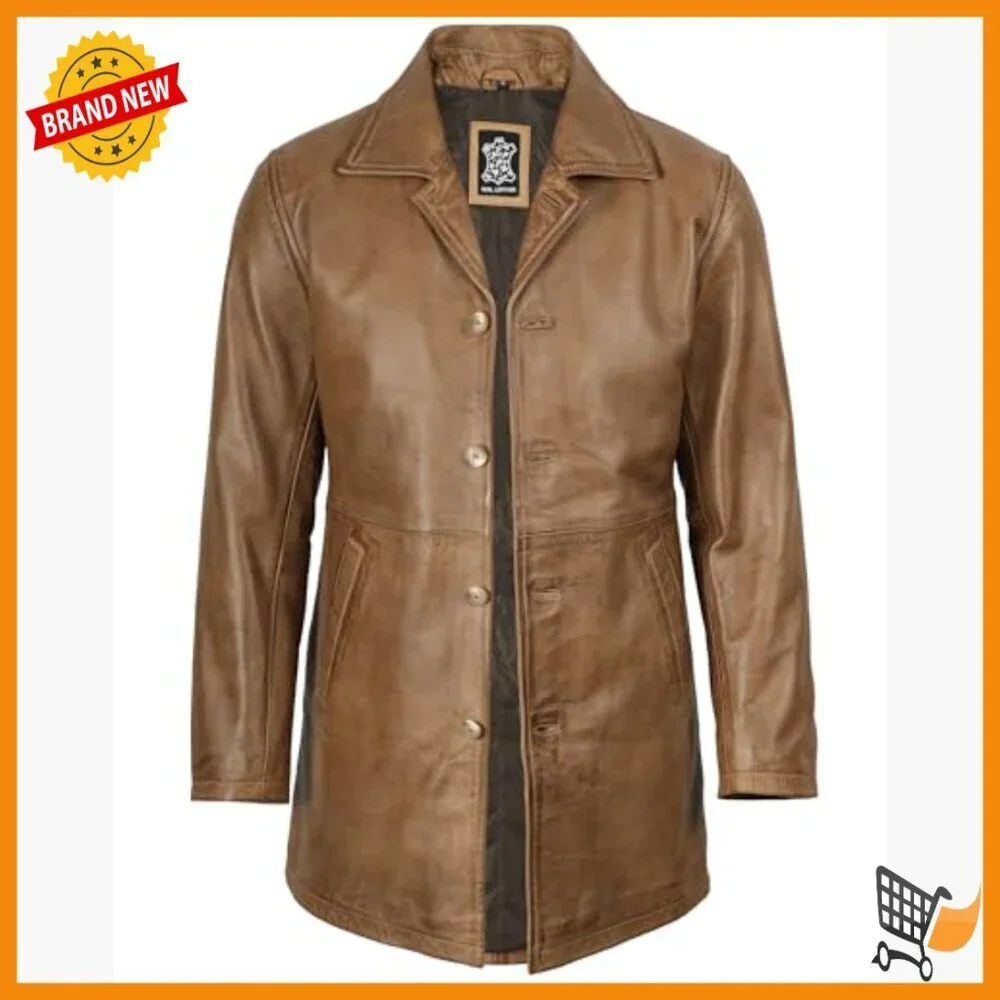 Men's Lambskin Leather Car Coat Trench Style Button Closure Lined